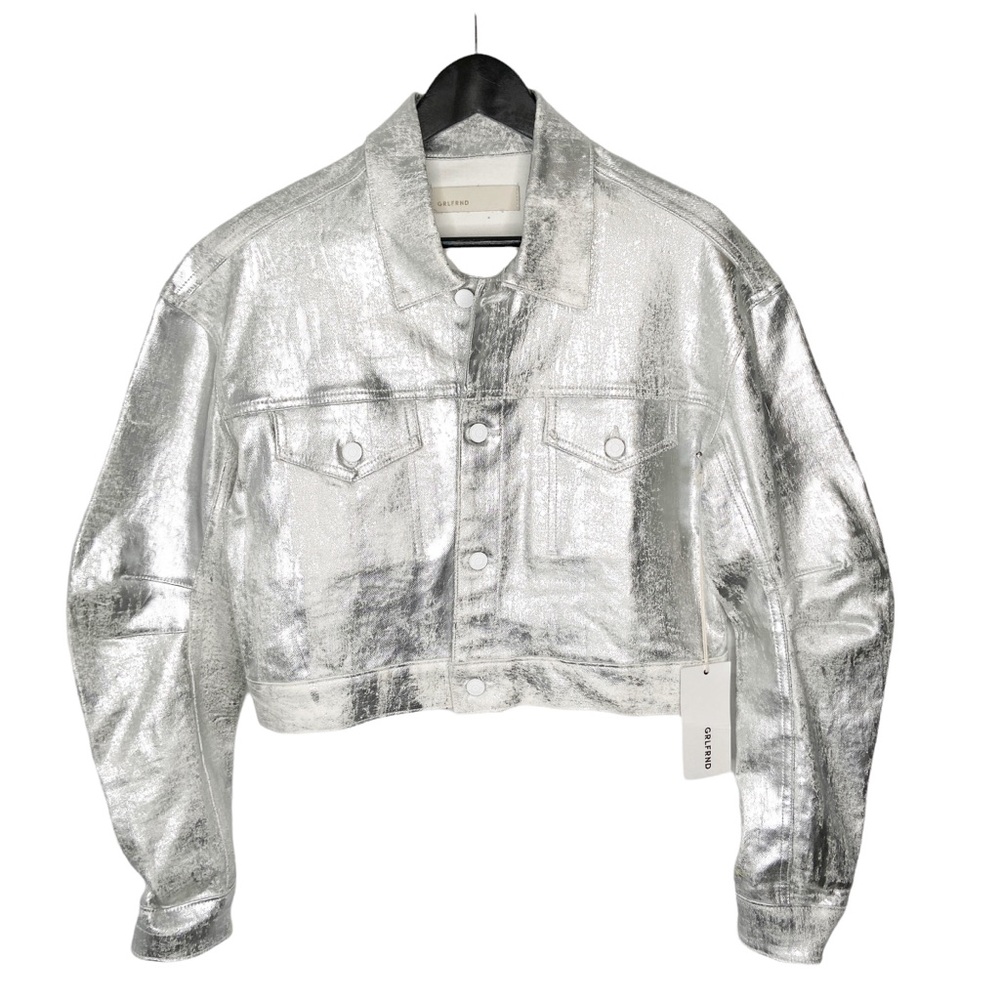 NWT GRLFRND Lacy Crop Denim Jacket Size Small Silver Foil